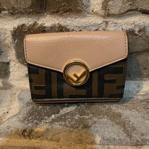 Fendi Zucca/FF motif micro tri-fold wallet in brown and pink leather